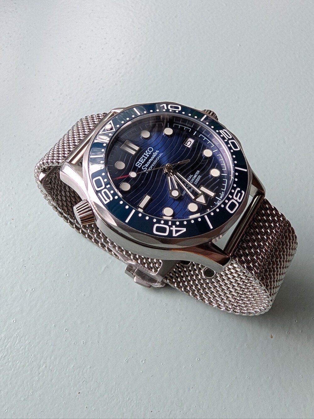 Seiko Seamaster Mod Blue Dial Diver Watch with Silver Mesh Bracelet Nh35 - Picture 3 of 5